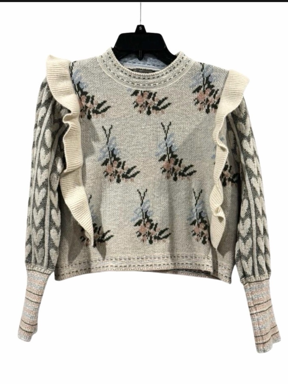 Sunday Up Floral Heart Ruffle Crewneck Knit Sweater Women’s Medium Cider